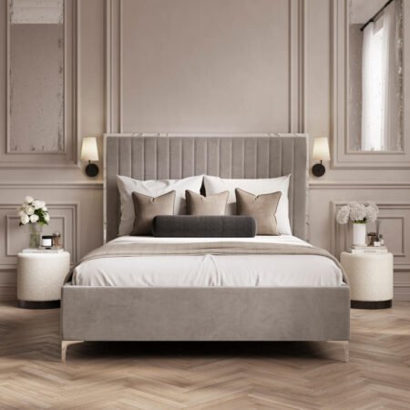 LPD Berkeley Mink Grey Velvet Double Bed Frame Lifestyle