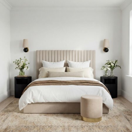 LPD Berlin Tall Beige Velvet Double Bed Frame Lifestyle