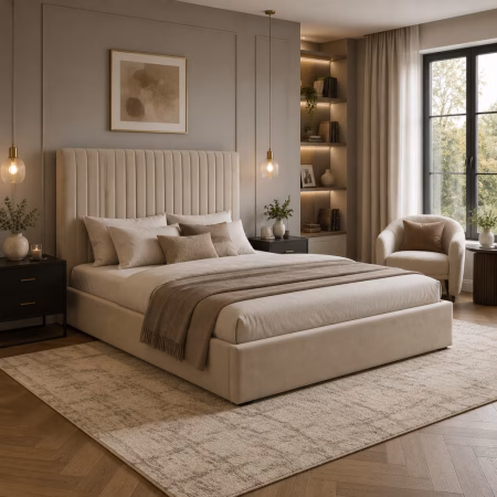 LPD Berlin Tall Beige Velvet King Size Bed Frame lifestyle