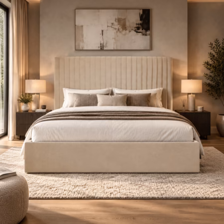 LPD Berlin Tall Beige Velvet Super King Size Bed Frame lifestyle