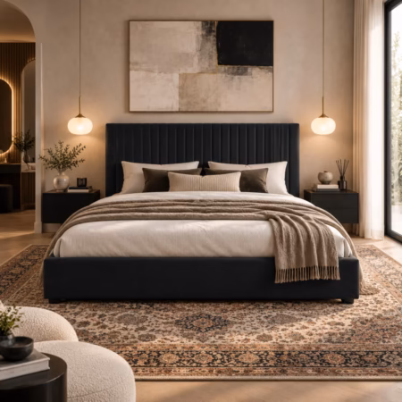 LPD Berlin Tall Black Velvet Super King Size Bed Frame lifestyle