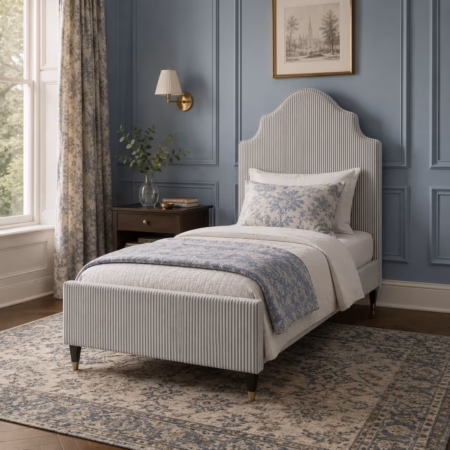 LPD Monterey Grey Thin Stripe Linen Single Bed Frame lifestyle