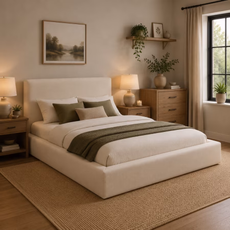 LPD Soho White Clay Twill King Size Bed Frame lifestyle