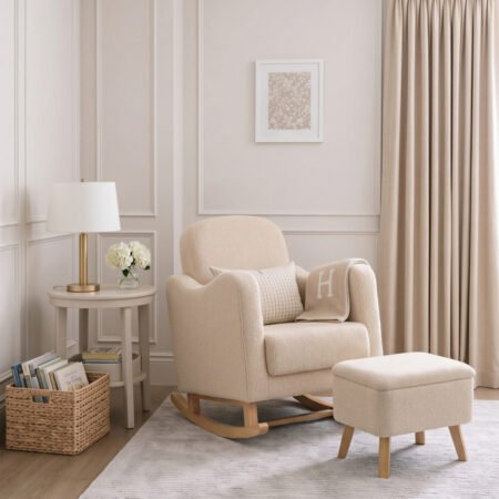 LPD Bebe Soother Rocking Nursing Chair and Footstool Oat Teddy Fabric lifestyle