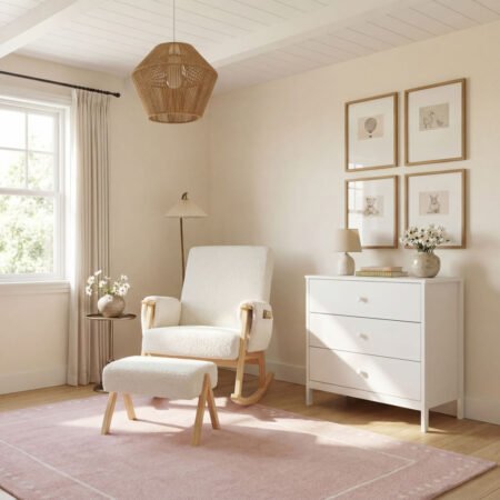 LPD Bebe Storyteller Rocking Nursing Chair and Footstool Off White Teddy Fabric lifestyle