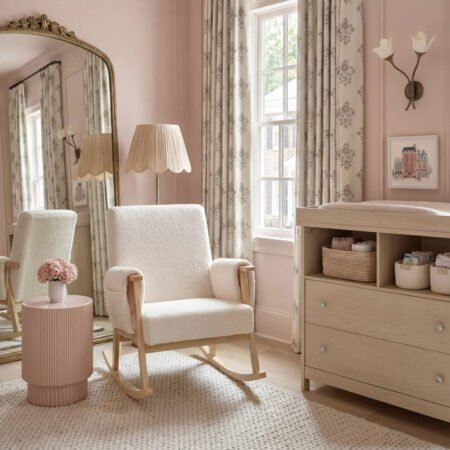 LPD Bebe Storyteller Rocking Nursing Chair Off White Teddy Fabric lifestyle