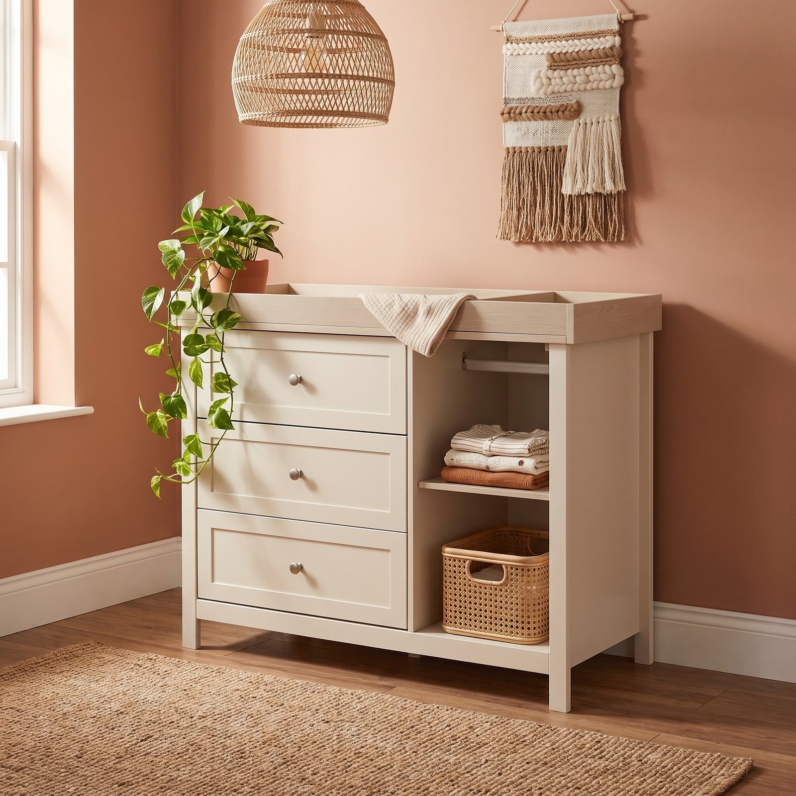 LPD Bebe Wanderer Wide Changing Unit with Drawers – Cashmere Cream & Oak 1 LPD Bebe Wanderer Wide Changing Unit with Drawers Cashmere Cream and Oak lifestyle
