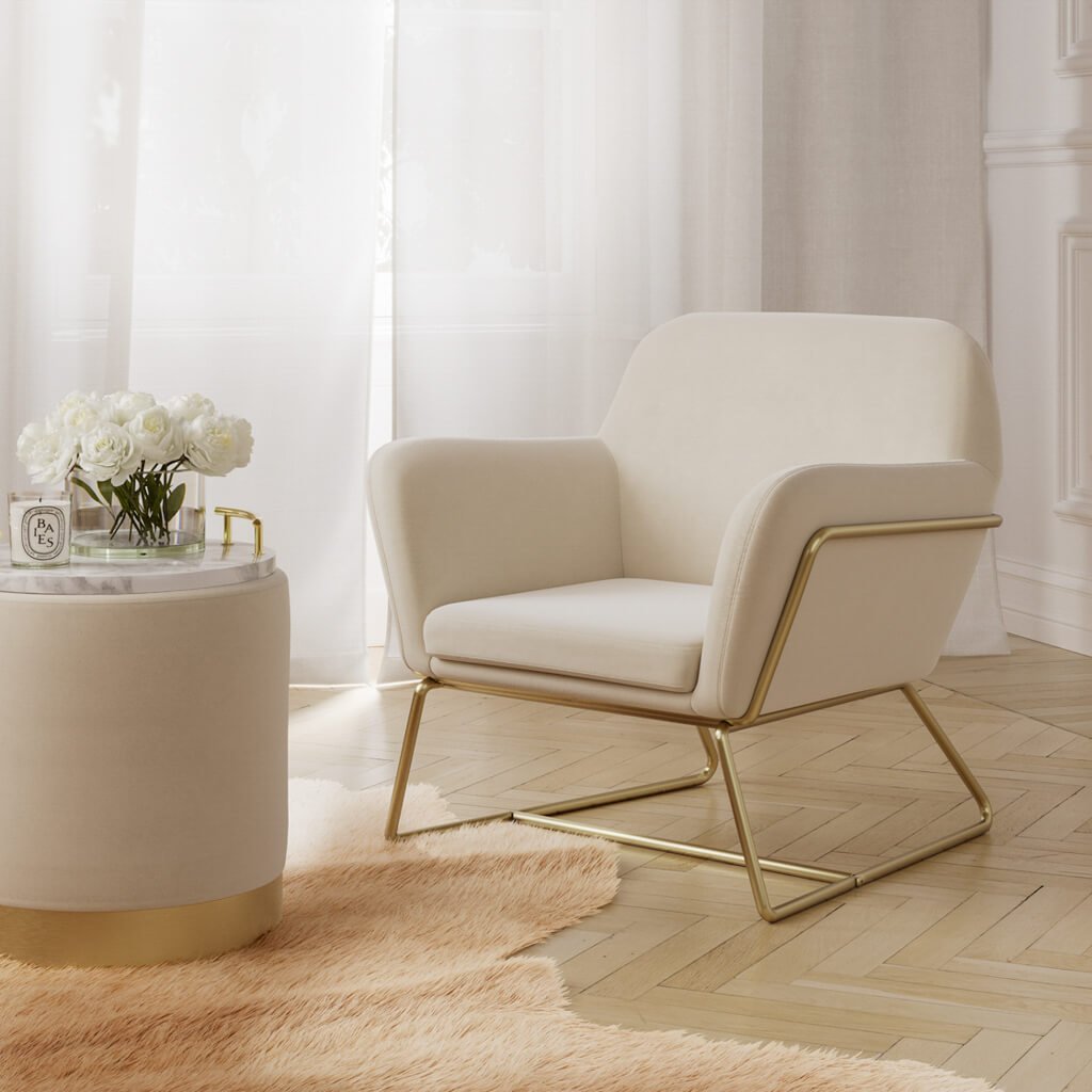 LPD Charles Cream Velvet Accent Chair and Lara Pouffe Set 1 LPD Charles Cream Velvet Accent Chair and Lara Pouffe Set lifestyle