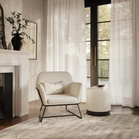 LPD Charles Ivory Boucle Accent Chair and Lara Pouffe Set lifestyle