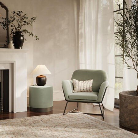 LPD Charles Sage Velvet Accent Chair and Lara Pouffe Set lifestyle
