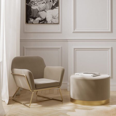 LPD Lara Beige Velvet Large Round Pouffe lifestyle