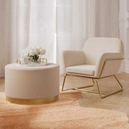 LPD Lara Cream Velvet Large Round Pouffe lifestyle