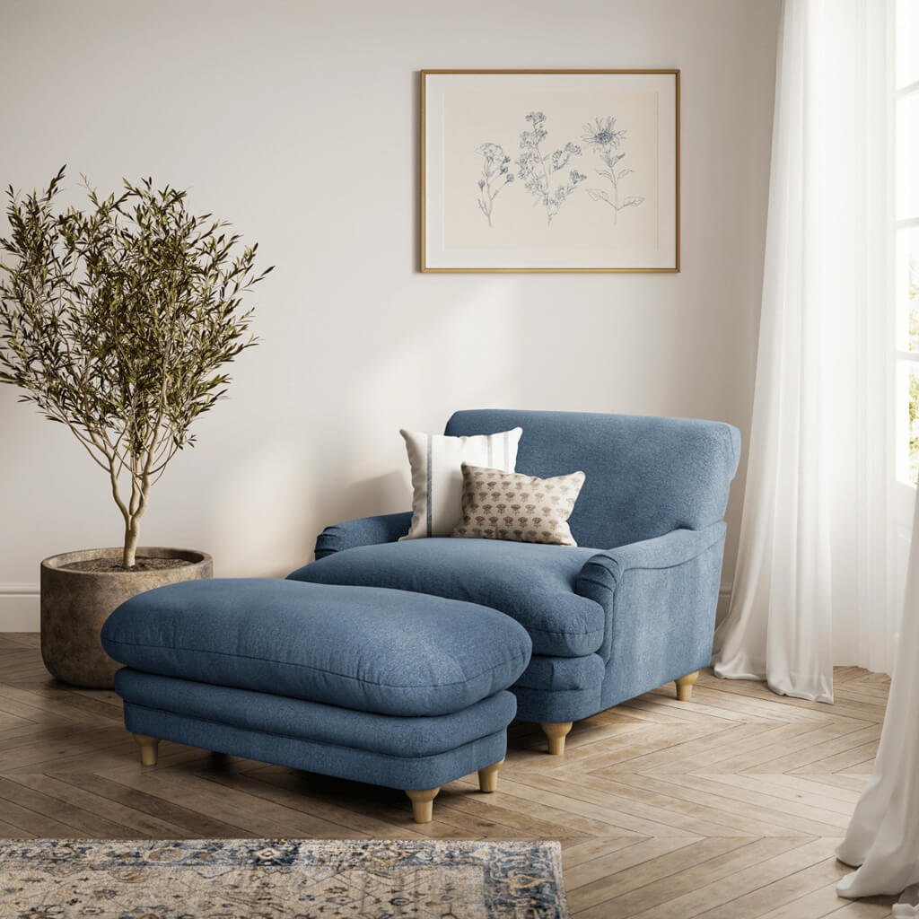 LPD Plumpton Denim Blue Chenille Cuddle Chair 1 LPD Plumpton Denim Blue Chenille Cuddle Chair lifestyle