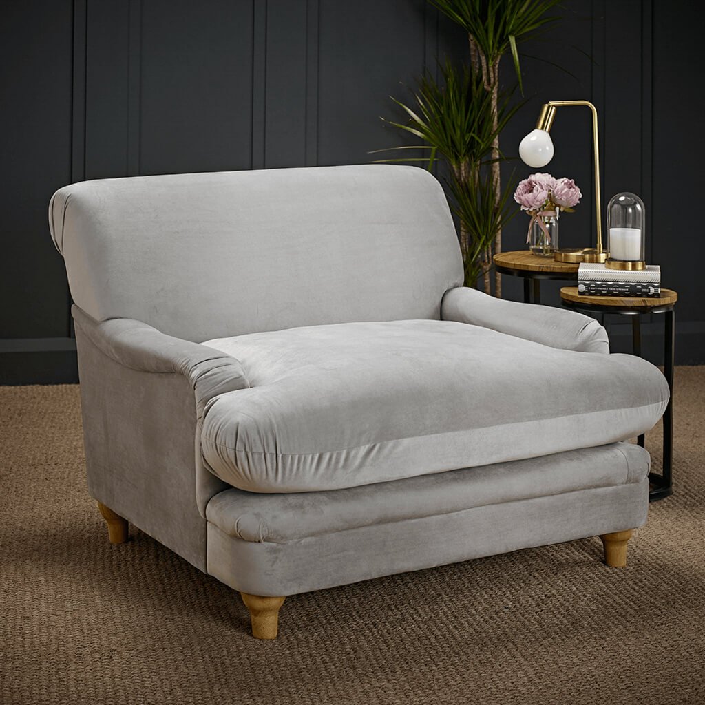 LPD Plumpton Grey Velvet Cuddle Chair 1 LPD Plumpton Grey Velvet Cuddle Chair lifestyle