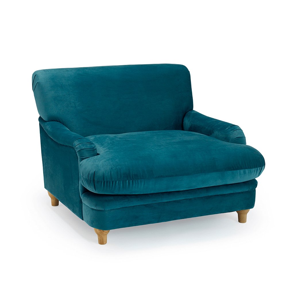 LPD Plumpton Peacock Blue Velvet Cuddle Chair 2 LPD Plumpton Peacock Blue Velvet Cuddle Chair