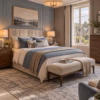 Modern blue grey bedroom with upholstered bed, bedside tables, bench, chest of drawers and countryside view