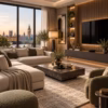 Modern luxury living room with sofa, coffee table, armchair and contemporary media wall