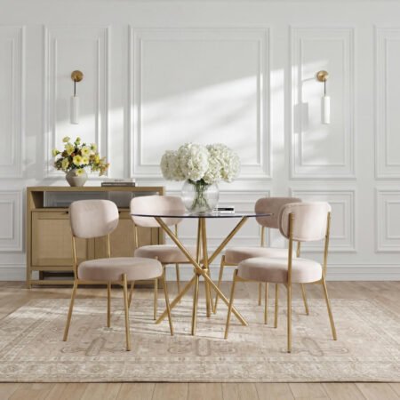 lpd casa gold glass dining table and 4 smith loaf chairs set