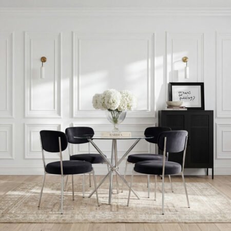 LPD Casa Silver Glass Dining Table and 4 Smith Black Chairs