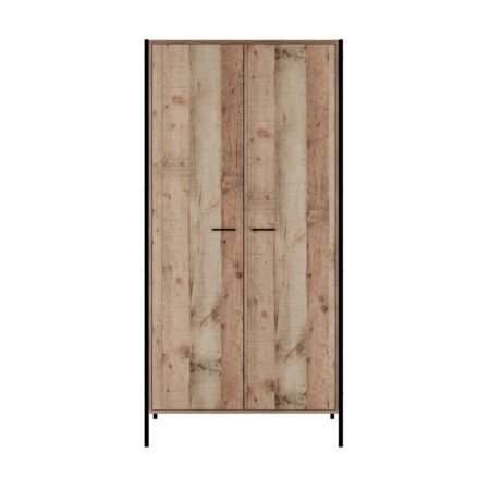 LPD Hoxton Distressed Oak Effect Double Wardrobe, Metal Frame