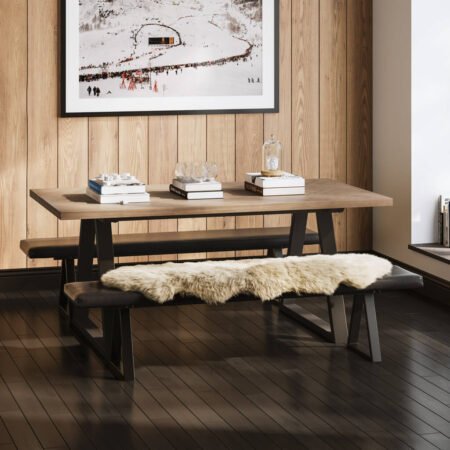 LPD Hyde Natural Herringbone Dining Table and 2 Black Benches