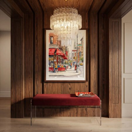 LPD Ikos Brick Red Velvet Acrylic Bench, 107 cm lifestyle