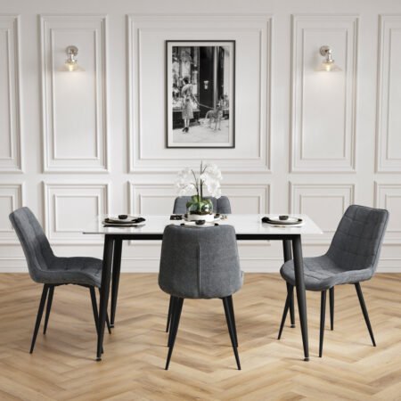 LPD Luna White Marble Effect Dining Table and 4 Grey Chairs lifestyle