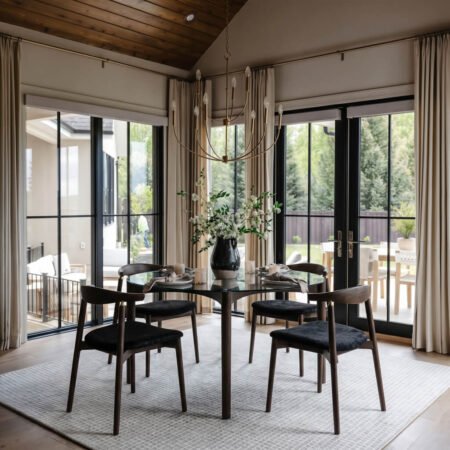 LPD Ned Clear Glass and Chocolate Wood Square Dining Table, 120 cm lifestyle