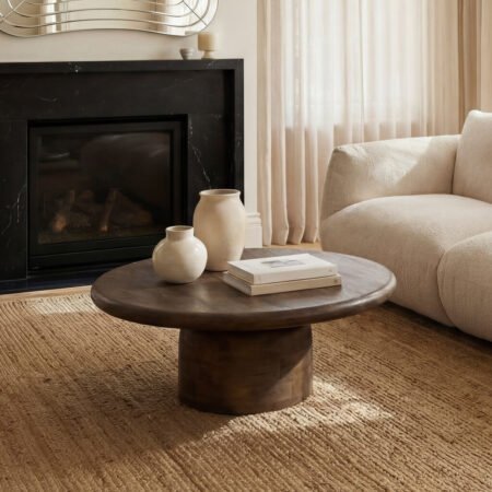 LPD Sora Light Brown Mango Wood Round Coffee Table lifestyle