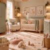Modern nursery with wooden cot, rocking chair, changing unit, wardrobe, soft toys and sage green decor